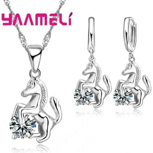Animal Horse Pendants Necklace Drop Earrings Set For Party Gift Women 925 Sterling Silver Crystal Jewelry Sets Accessory