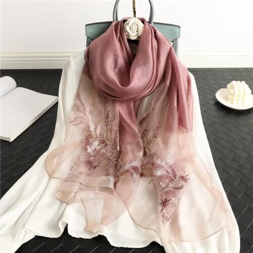 New 2021 Muslim Women Silk Embroidery Scarf Solider 190*70cm Large Shawl Wrap Female Headscarves Hijab Bandana Lady Kerchief