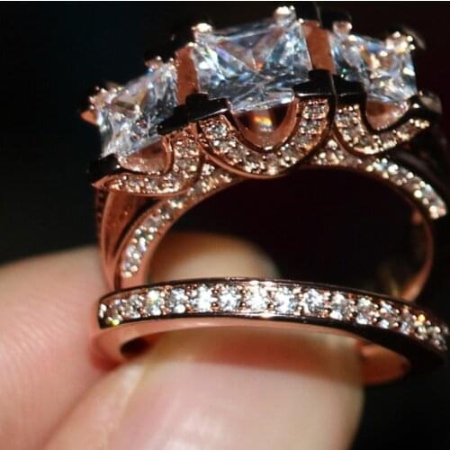 2016 New Hot Jewelry Three Stones Stunning 925 Sterling silver&Rose gold CZ stones Wedding Women Bridal Ring set Gift Size 5-11