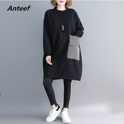 Long sleeve black cotton plus size women casual loose midi autumn winter sweatshirt dress elegant clothes 2021 ladies dresses