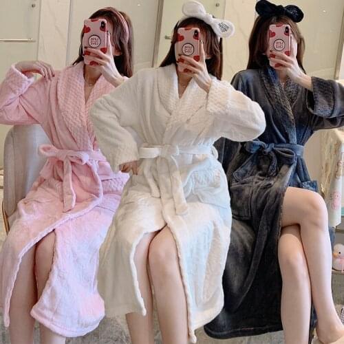 2021 Winter Long Sleeve Thick Warm Flannel Kimono Robes Long Dress Women Coral Velvet Bathrobes Sleepwear Nightdress Night Dress