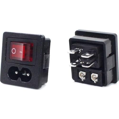 10pcs/lot AC 2.5A 250V IEC 320 C8 Power Cord Inlet Socket receptacle With ON-OFF Red Light Rocker Switch for Computer Amplifier