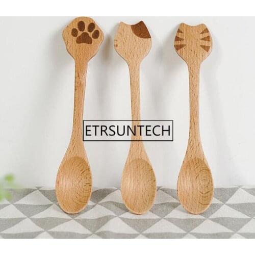 100pcs Japanese Style Cute Cat Claw Shape Wood Spoon Coffee Candy Tea Spoon Gifts For Kids Children