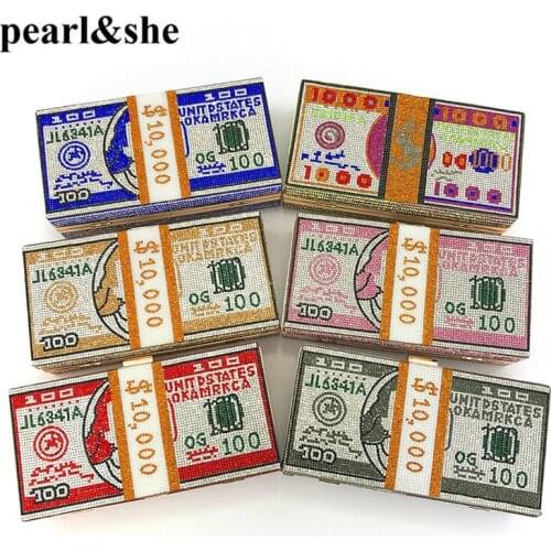 10000 Dollars Stack Of Cash Evening Handbags Money Clutch Rhinestone Purse Shoulder Wedding Dinner Bag