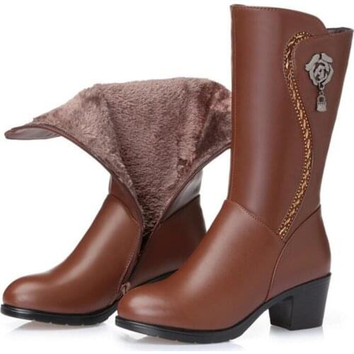 Elegant Fashion Winter Boots In-tube Genuine Leather Boots High Heel Comfort Inside Plush and Wool Warm Snow Boots Large Size