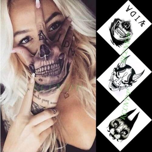 Waterproof Temporary Tattoo Sticker Skull Letter Prajna Demon Animal In Hand Flash Tattoo Fake Tattoo for Men Women 3 Pcs
