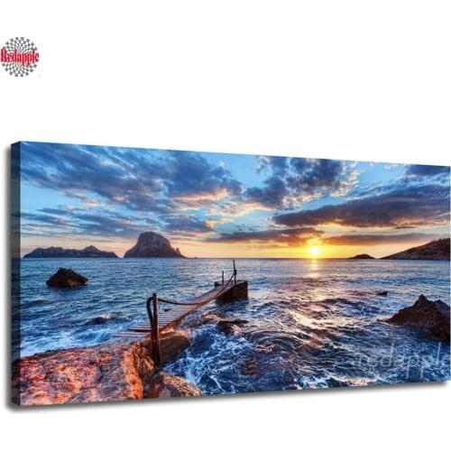 Diy diamond painting cross stitch kits Ocean Sea Wave Blue Sky Picture Sunset Seascape view full square Diamond Embroidery decor