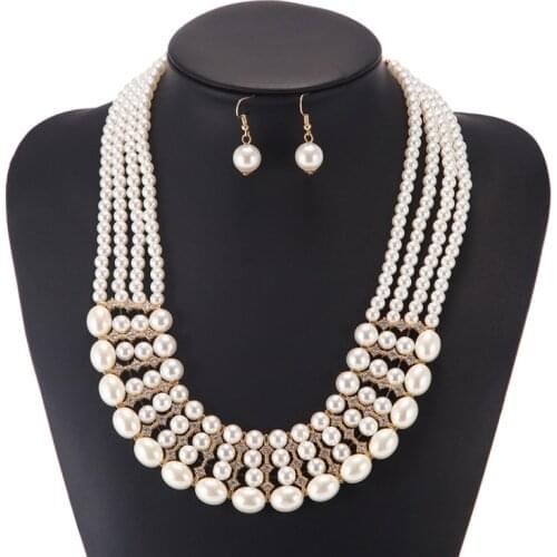 Elegant Jewelry Sets Multi Layer Imitation Pearls Chain Pendants Statement Drop Pearl Earrings Pearl Necklace Sets for Women