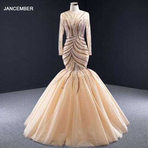 J66946 jancember sexy gold mermaid evening dresses with lace o neck pattern long evening gown for women vestidos de finalistas