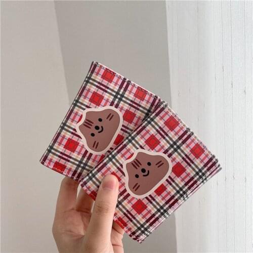 South Korea INS Cute GIRLS Heart Cartoon Lattice Kitty Wallet Students Short Purse Wallet Portable Three-Fold Wallet