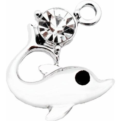 New Arrived 20pcs/lot Metal Dolphin Crystal Silver Dangle Charms Lobster Clasp Charms For Bracelet Bangels DIY Jewelry