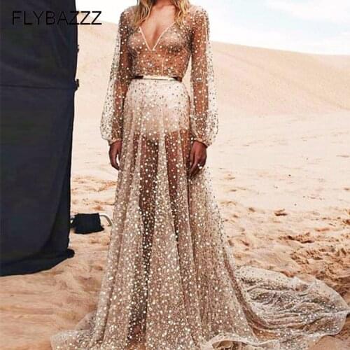 Deep V Neck Maxi Beach Dress Women Sexy Mesh Perspective Party Dresses Long Sleeve Sparkling Sequined Dresses Vestidos De Fiest