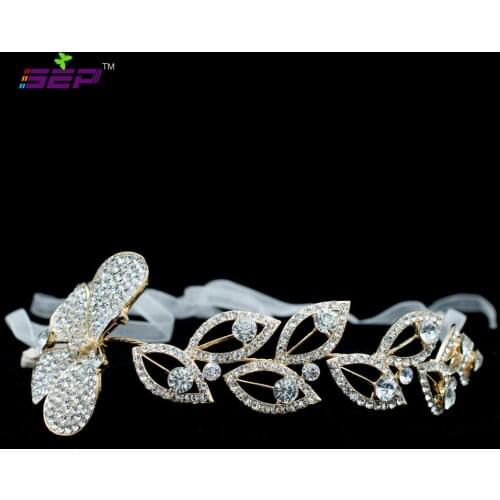 Rhinestone Crystals Orchid Flower Headband Hairbands Chain Ribbon Hair Jewelry Accessories Bridal Wedding Headpiece GX013