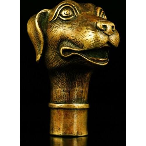 Rare lucky Handmade Bronze Carving Dog Collect Cane Walking Stick Head Statue