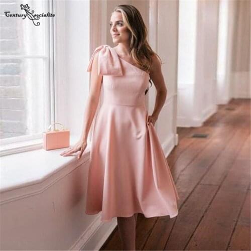 One-Shoulder Pink Prom Dresses 2021 Short Big Bow Pockets Knee Length Formal Evening Dress Party Gowns Vestido De Fiesta Cheap