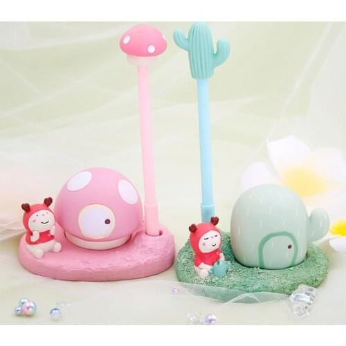 Cute Cactus Mushroom Pen Holder with LED Light Resin Desktop Ornaments Decoration Stationery School Office Supplies