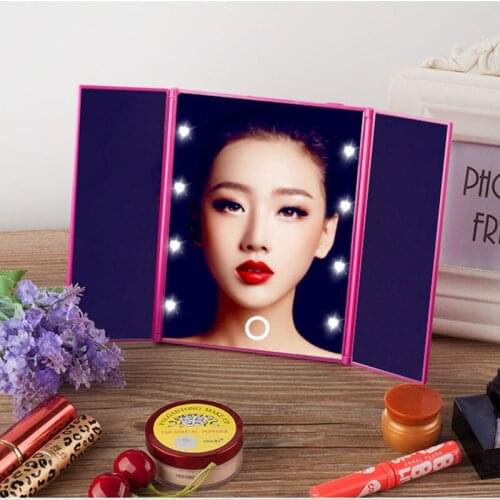 Tri-sided Foldable LED Mirror Portable Makeup Lighted Mirror Compact Mirror