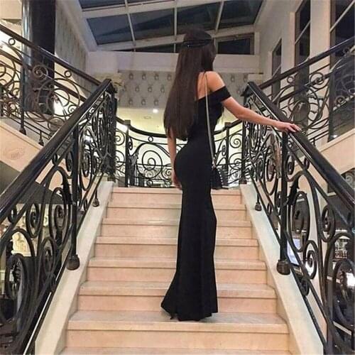 2021 African Off Shoulder Black Evening Dresses Long Elastic Satin Robe De Soiree Evening Party Prom Dress