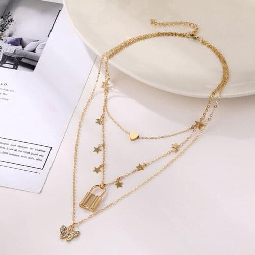 VKEM Lock Pendant Butterfly Necklace For Women Heart Chain Tassel Necklace Multi Layer Choker Necklace Jewelry