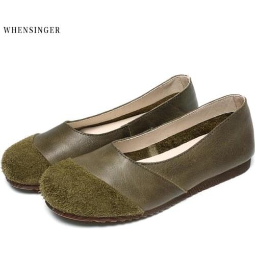 Whensinger - Women Flat Shoes loafers Genuine Leather Casual Flats Shoe Vintage Elegant Fashion Green stitching