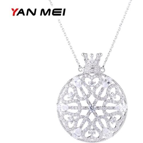 YANMEI Crown And Circle CZ Pendant Necklace For Ladies Hollow Geometric Necklaces Fashion Jewelry YMD1304