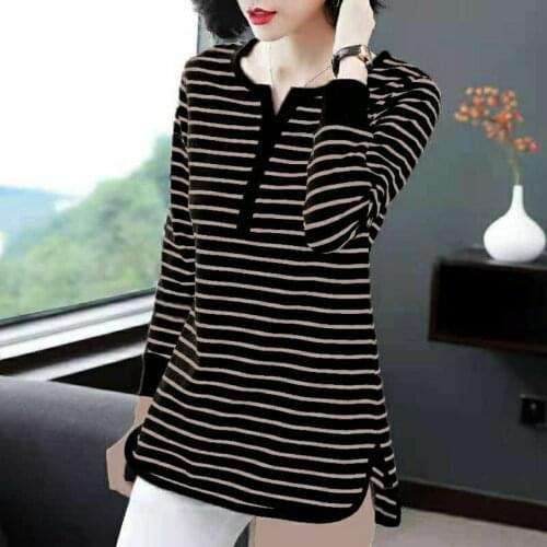 2021 New Autumn Spring Polyester O Neck Long Sleeve Woman T-shirts Fashion Korean Style Striped Oversized t shirt