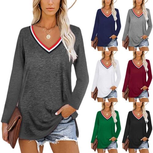 Womens Clothing Autumn and Winter Fashion Womens Hit Color Stitching Collar V-neck Long-sleeved Casual Loose T-shirt Plus Size