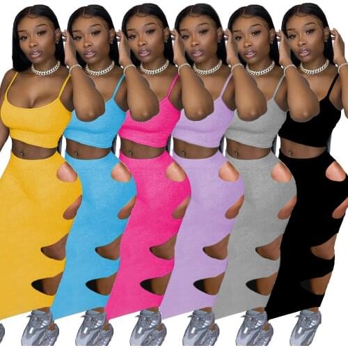 Two-piece Womens Skirt with Hole Hollow Out Suspenders Sexy Strapless Crop Top Tight Stretch Dress Sets Wholesale Dropshipping