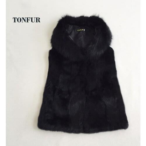2019 Top Fashion Sleeveless Single Breasted 100% Genuine Rabbit Fur Vest with big Natural Real Fox Fur Collar Coat tsr246