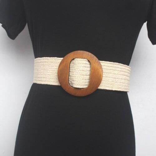Women waist sealing Fashionable Wood Round Buckle Grass Rubber Elastic Wide Belt Decorative With Casual Waistband