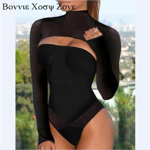 Women High Neck Cutout Front Mesh Long Sleeve One Piece Sexy Swimwear