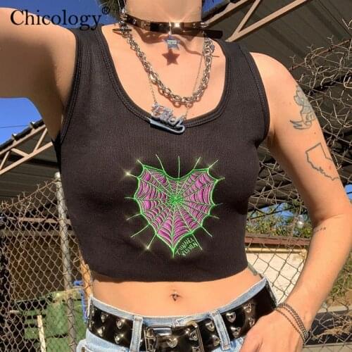 Chicology Embroidery Crop Tank Top Y2K Fashion Knit Shirts Sexy Club Goth Punk Streetwear Women 2020 Autumn Winter Clothes