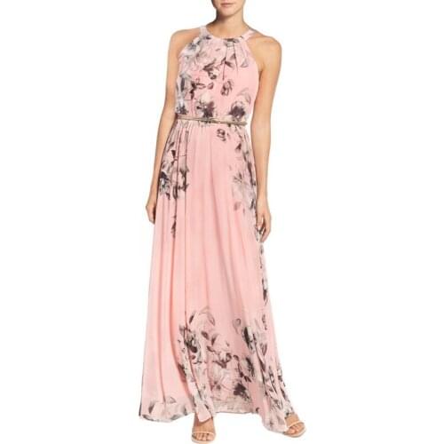 INDJXND 2019 Womens Chiffon Dress O Neck Vestidos Printed Floral Roupas Feminina Maxi Dress Elegant Woman Summer Boho Party Dres