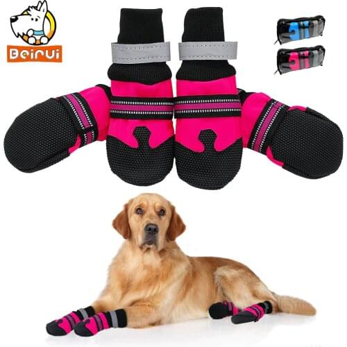 4pcs No-Slip Dog Shoes Rain Wear Waterproof Reflective Boots Paw Protector Outdoor Sock for Medium Large Dogs Rose Blue