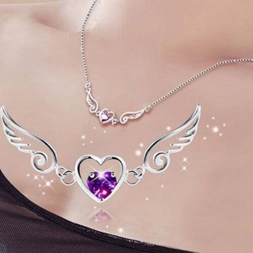 925 Sterling Silver Charm Women Wedding Inlaid Crystal Love Heart Angel Wing Christmas Gift Pendant Chain Necklace Jewelry