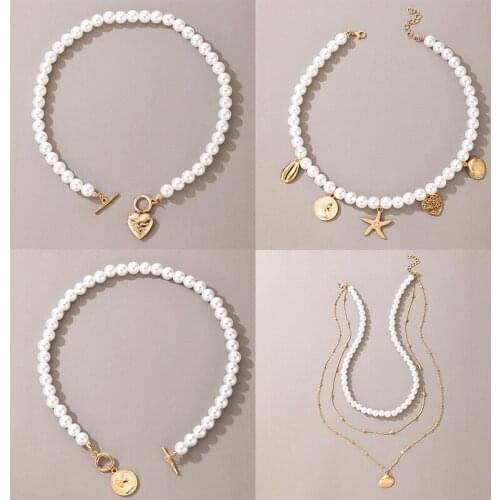 New Luxury Pearl Stone Shell Pendant Necklace for Women Summer Star Heart Chain Choker Necklace Bohemian Jewelry Gift