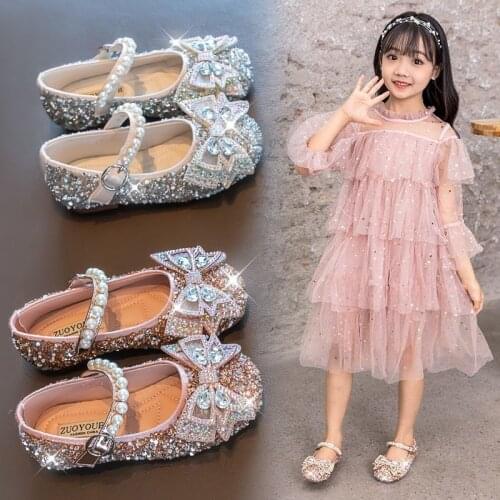 Bow Knot Kids Girls PU Leather Shoes Pearl Rhinestone Sequine Girls Princess Shoes Sweet Toddler Wedding Party Leather Sneakers