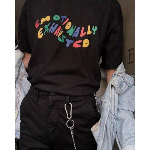 Kuakuayu HJN Emotionally Exhausted Colorful Printed T-Shirt Unisex Tumblr Grunge Black Tee Cute Summer Tops Street Wear
