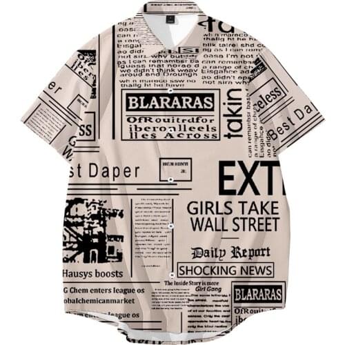 Men Short Sleeve Hawaiian Shirt Men Beach Shirts Camisa Social Masculina Fashion Black Newspaper Print Shirt
