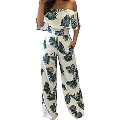 Hot Sale Summer Leaf Print Jumpsuit Women Strapless Rompers Beach Bohemian Jumpsuits Off Shoulder Wide Long Pants Female Overall