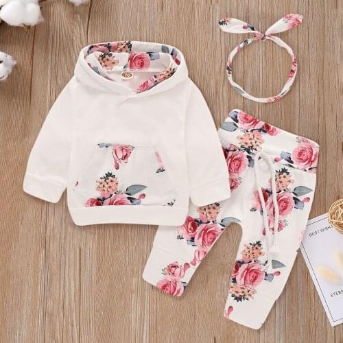 New Born Fashion Toddler Baby Girl Clothes Set Newborn Girls Outfit White Pocket Hoodie Top + Floral Print Pants+Headband Spring
