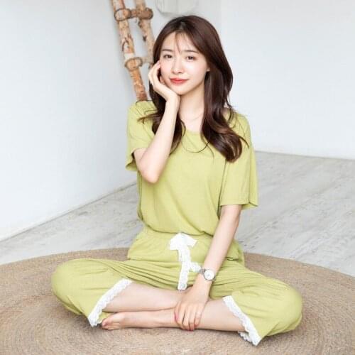 060 Modal Pajamas Set Cute Autumn Winter Long Sleeve Lace Leisure Sleepwear For Women Loose Nightwear Full Pant Homewear Suit