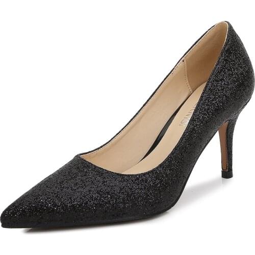 Mclubgirl Fashion Pointed Toe High Heels Plus Size Sequined Shallow Mouth Professional Banquet Womens Shoes WZ-3336-5