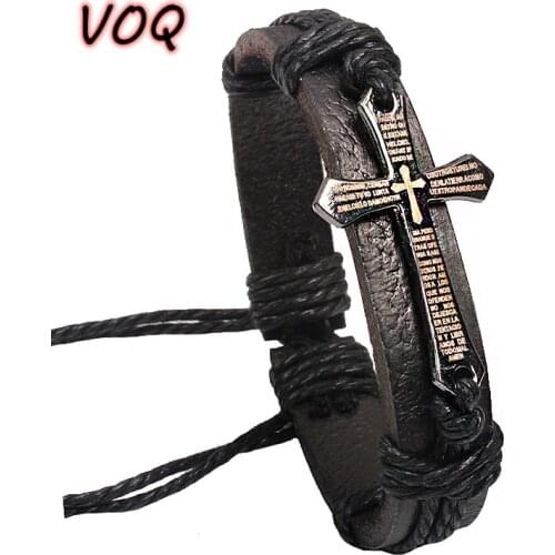 Vintage Brown Black Leather Bracelets & Bangles Metal Cross Design Fashion Adjustable Men Bracelet Jesus Jewelry Gifts