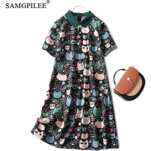 2021 New Summer Clothes For Women Korean Style Fashion Polo Collar Cartoon Pattern Knee Length Short Sleeve Thin Plus size Dress