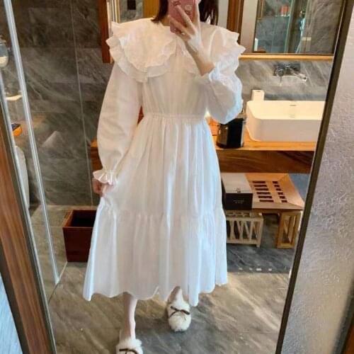 2021 Spring Autumn Sweet Women Dress Flounced Edge Flare Sleeve Lapel Peter Pan Collar Cotton Dresses Princess Chic Clothes