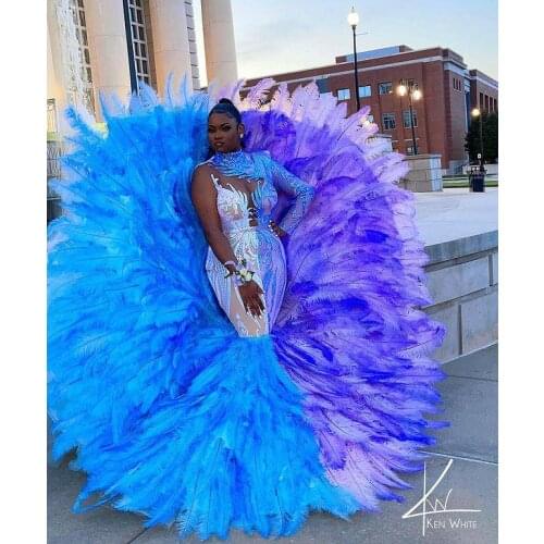 2021 Plus Size Arabic Aso Ebi Luxurious Mermaid Prom Dresses Long Sleeves Feather Evening Formal Party Second Reception Gowns