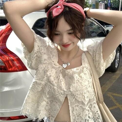 Shirt Temperament Split Square Neck Short-sleeved Shirt Female Design Sense Niche Summer New Korean Style Short Top