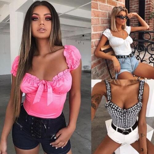 Women Summer Top Shirt Solid Color/Plaid Sling/Short Sleeve Top Slim Chest Straps Low Chest Hot Pullover Wild Fashion Outfit