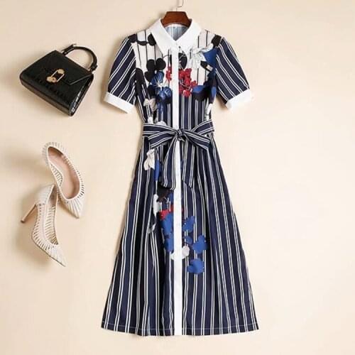 American European womens and wear 2021 summer new style Short sleeved lapel flower stripe print lace-up Fashionable dress